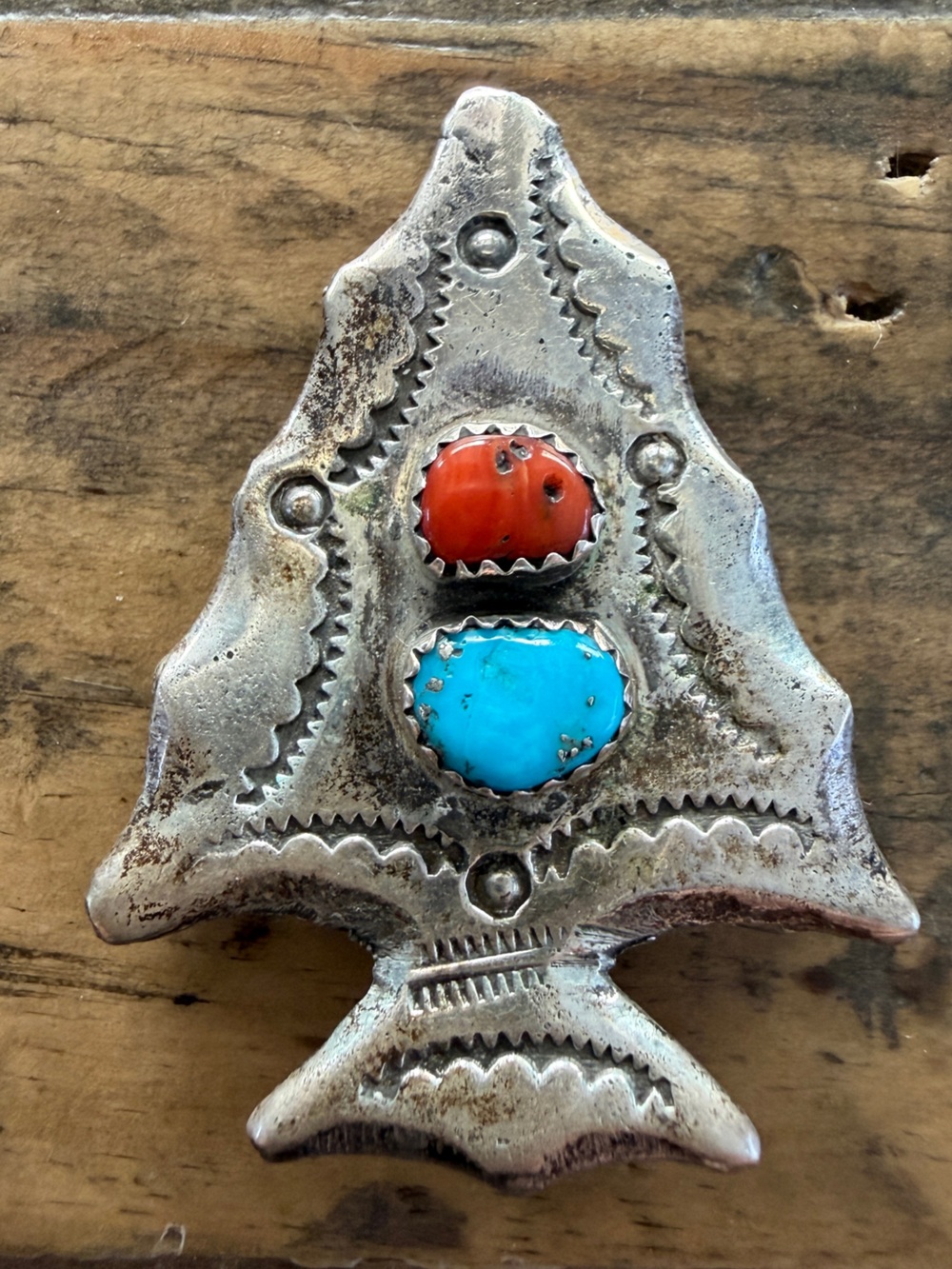 Vintage Native Navajo Sterling Silver Turquoise Coral Cast Arrowhead Pin Brooch